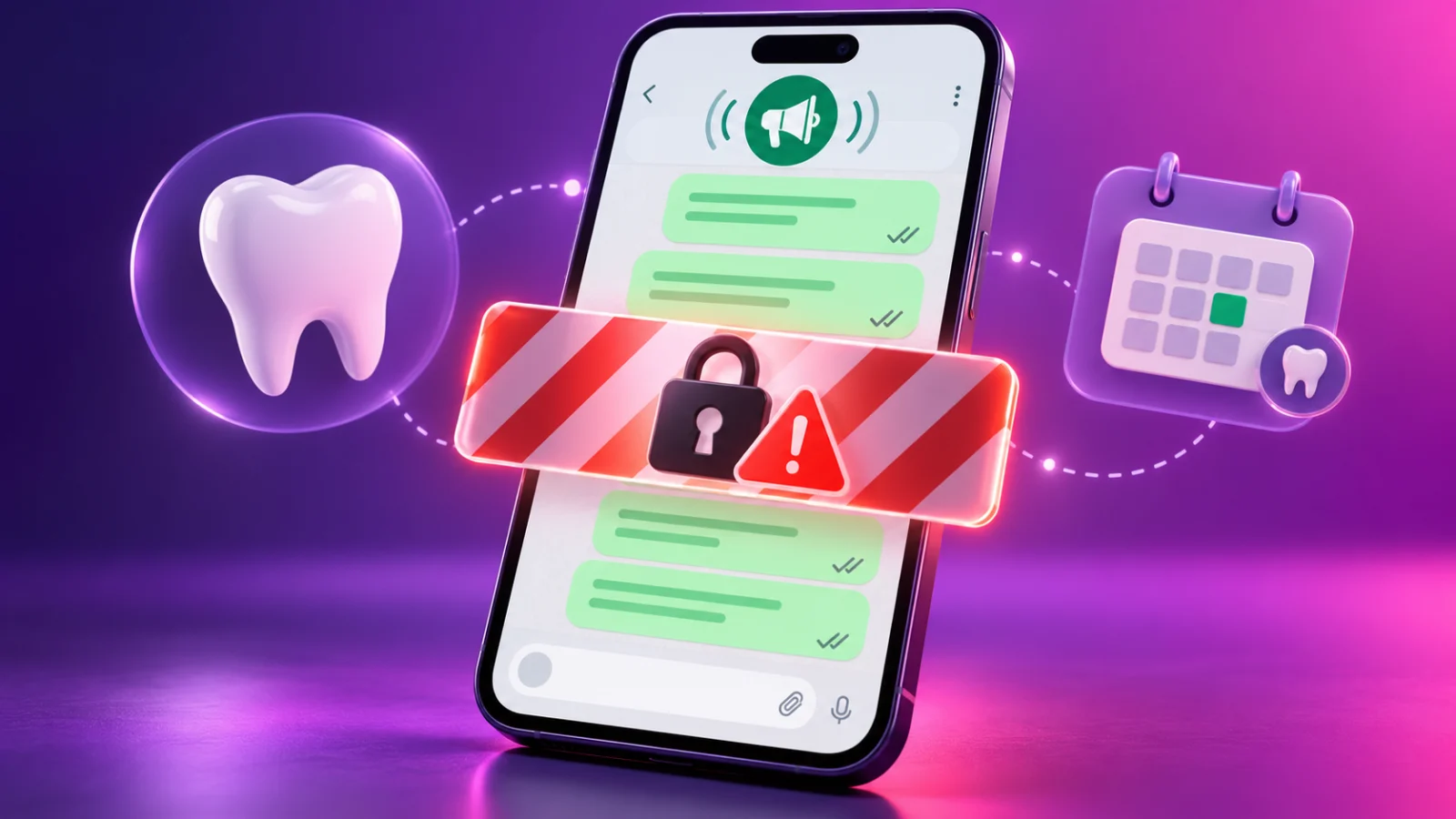 Celular com conversa de mensagens verdes bloqueada por um cadeado, ao lado de ícones de dente e calendário, representando a lista de transmissão do WhatsApp travada em clínicas