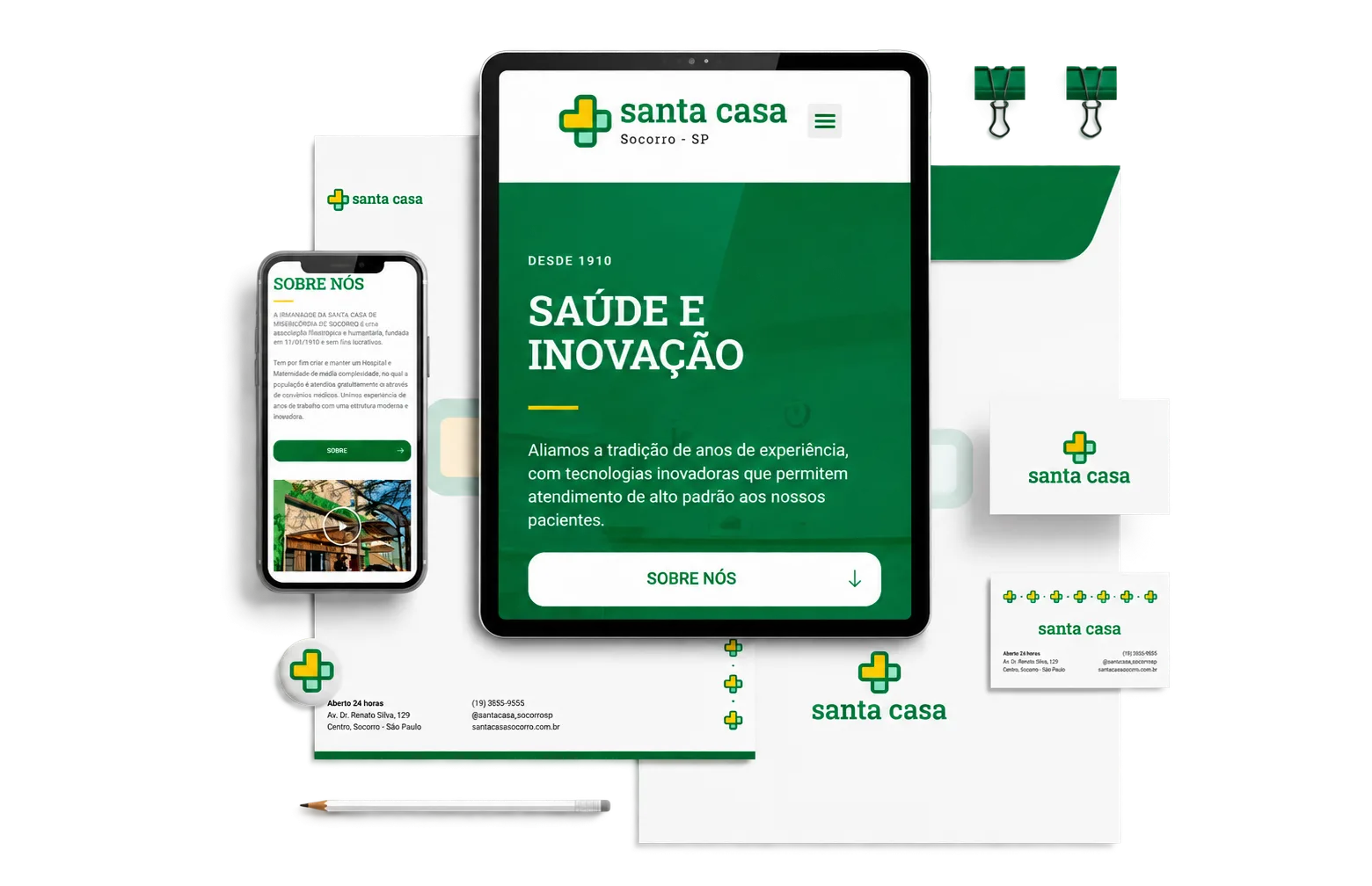 Identidade e papelaria da Santa Casa de Socorro aplicadas pela Agência RCA