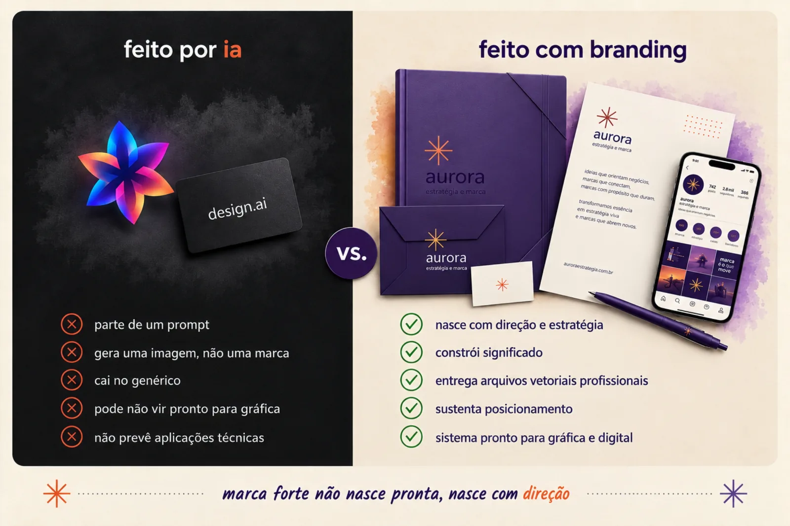 Comparativo entre a marca feita por IA e a marca feita com branding: direção, estratégia e arquivos profissionais