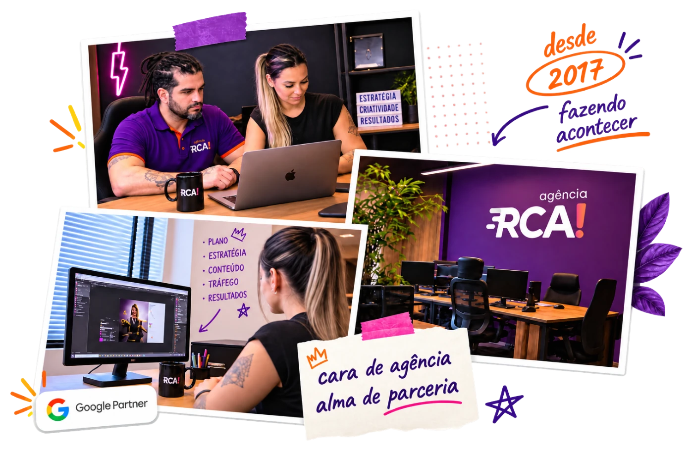 A equipe da RCA trabalhando: reuniões, edição e o escritório da agência, desde 2017 fazendo acontecer