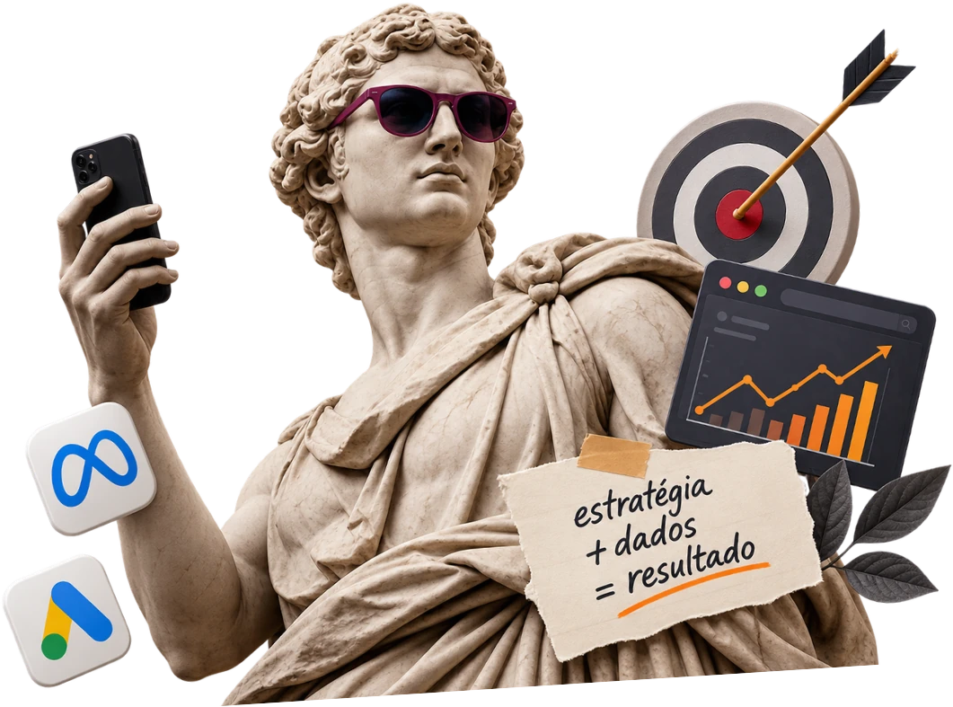Estátua clássica de óculos escuros segurando um celular, cercada de ícones de Google Ads, Meta e um gráfico em alta: a mídia paga da Agência RCA