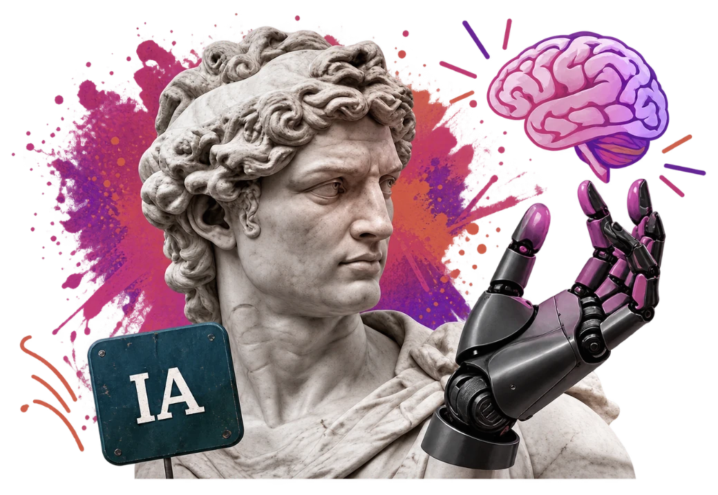 Estátua clássica com uma mão robótica e um cérebro ilustrado: a RCA usando inteligência artificial na estratégia de mídia