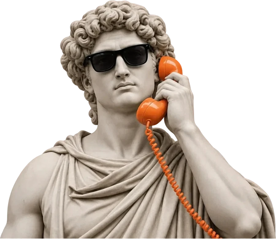 Estátua clássica de óculos escuros falando num telefone laranja
