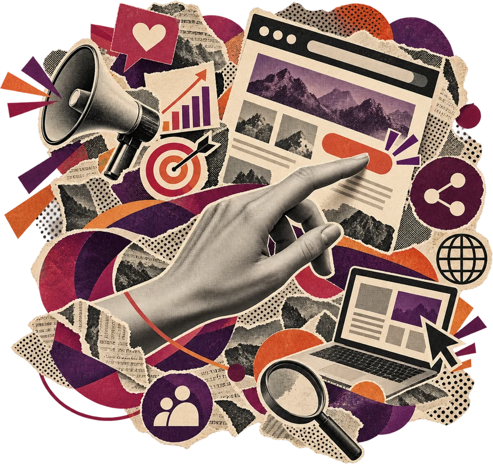 Colagem com mão apontando para um site, megafone, gráfico, alvo, notebook e lupa