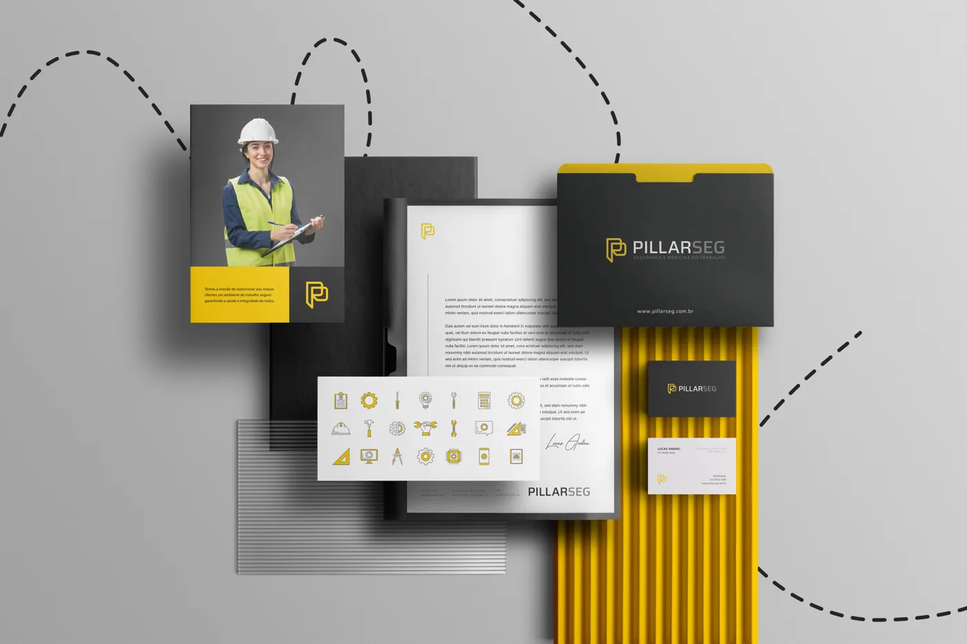 Papelaria da Pillarseg com pasta, cartões e ícones