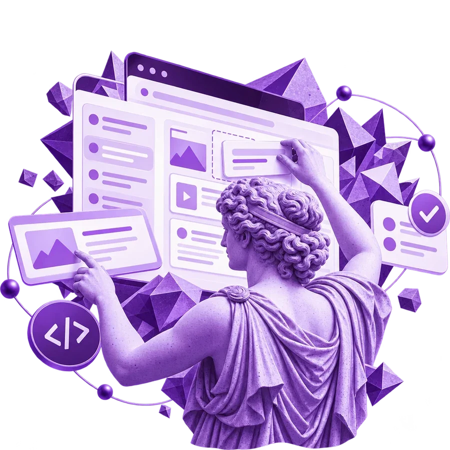 Estátua clássica de costas organizando blocos de conteúdo numa tela de site