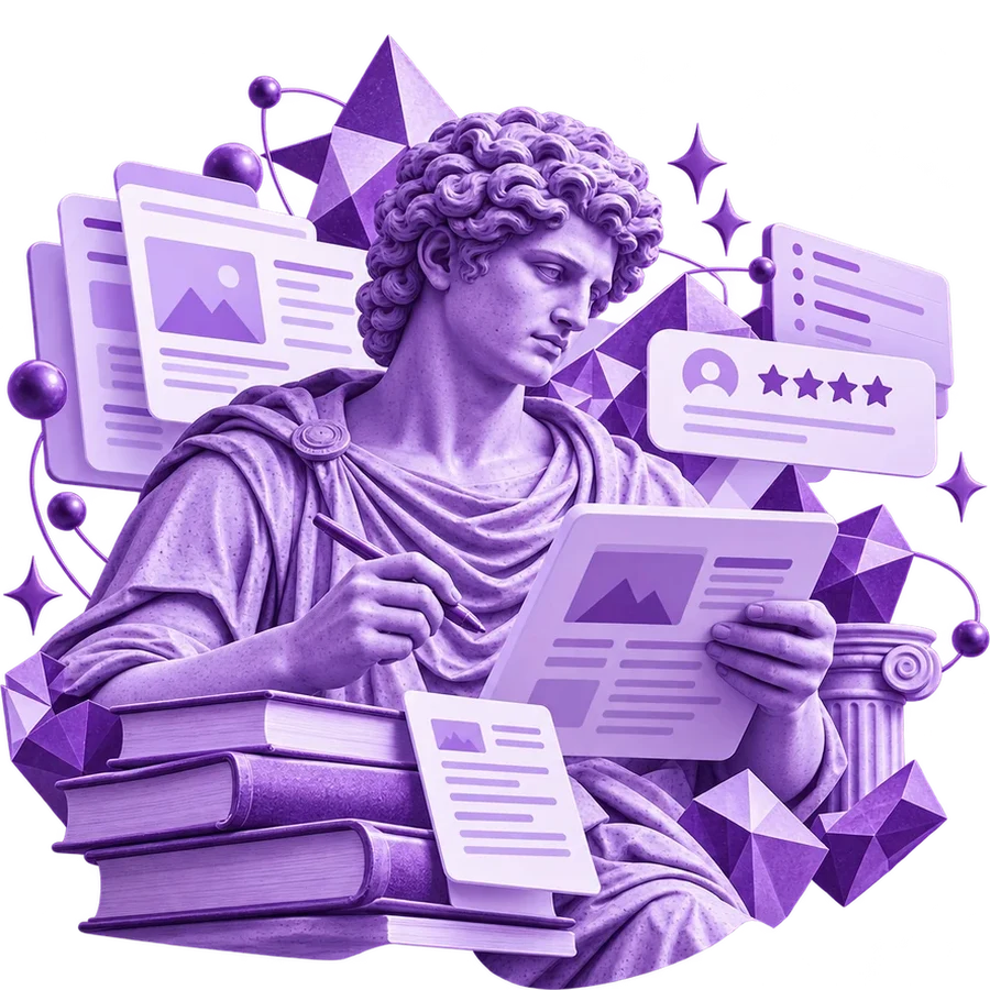 Estátua clássica escrevendo ao lado de livros, artigos e uma avaliação de cinco estrelas