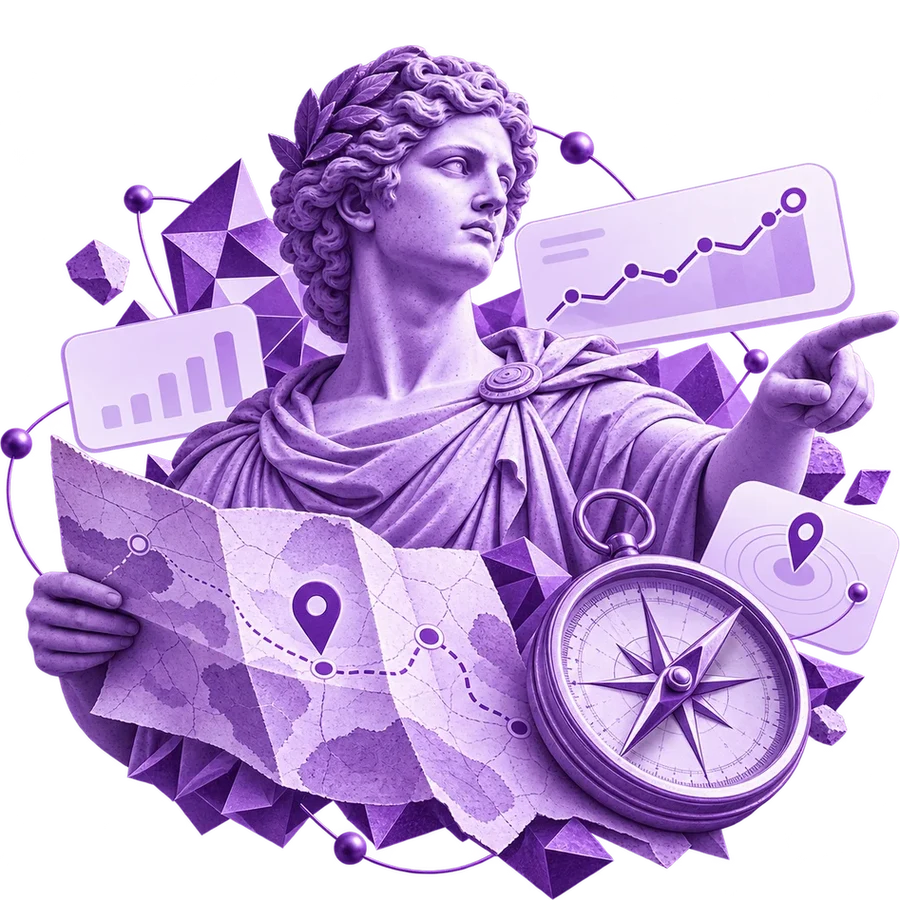 Estátua clássica com mapa e bússola apontando para um gráfico em crescimento