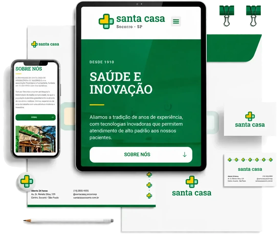 Identidade visual da Santa Casa de Socorro aplicada em site, celular e papelaria